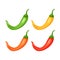 Chilli pepper spicy food level. Hot scale indicator with mild, medium, hot, extra positions. Icons with fire flames
