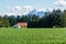 CHILLIWACK, CANADA - APRIL 20, 2019: Beautiful view green field at farm with house and mountains in british columbia