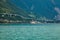 Chillon Castle. mountains and viaduct highway construction on the shores of Lake Geneva Lac Leman in Montreux Riviera, Vaud,