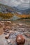 Chimney Pond in Baxter State Park, Maine, with stunning early Fall Foliage