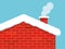 Chimney smoke and roof covered with snow, winter house heating, air pollution, carbon dioxide concept