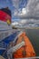 Chimney of the Viking line passenger ferry and life boats in front of the historic Gamla Stan Old Town district in Stockholm