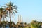 Chimneys of The BesÃ²s combined cycle power plant behind palmtrees