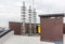 Chimneys and ventilation system of an industrial gas boiler on the roof of a building