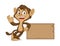 Chimp cartoon mascot leaning on wooden plank