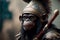 Chimpanzee animal portrait dressed as a warrior fighter or combatant soldier concept. Ai generated