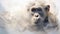 A chimpanzee appears amid shimmering silver-white smoke, its eyes peeking through the mystical mist