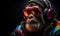 Chimpanzee in bright informal clothes wearing big professional headphones, in neon light. Closeup studio portrait.