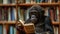 Chimpanzee Holding Book in Front of Bookshelf