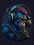 Chimpanzee listening to music in headphones. Vector illustration. Ai generated