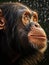 Chimpanzee is looking up at sky with its eyes wide open. The chimpanzee\\\'s face is in close-up view, and it appears to