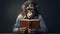 Chimpanzee monkey reading a book on a dark background