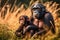 Chimpanzee mother and baby sitting in the grass. Uganda. Africa with Generative AI.