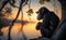 A chimpanzee sitting on a branch and gazing sunset, generative AI