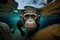 A chimpanzee swimming in water. Underwater image