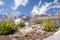 Chimtarga peak in Fann mountains, Tajikistan. Pamir-Alai mountain range on sunny summer day. Hiking in mountains. Nature landscape