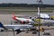 China Airlines Boeing 747-400, Niki Aiirbus a320 and Ukraine International Airlines Embraer erj190 parked at gate at Vienna Airpor