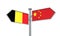 China and Belgium flag sign moving in different direction. 3D Rendering