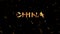 China. Burning text symbol in hot fire on black background
