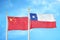 China and Chile two flags on flagpoles and blue cloudy sky
