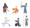 China fighters. Traditional eastern heroes emperor guangdong samurai ninja sword vector cartoon characters in action