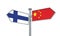 China and FInland flag sign moving in different direction. 3D Rendering