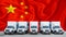 China flag in the background. Five new white trucks are parked in the parking lot. Truck, transport, freight transport. Freight