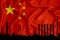 China flag, background with space for your logo - industrial 3D illustration.Silhouette of a chemical plant, oil refining, gas,