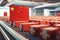 China flag on a factory conveyor belt. 3D Rendering, Cardboard boxes with red color Chinese flag on the roller conveyor, AI