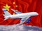 China flag with white airplane and clouds. The concept of tourist international passenger transportation