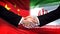 China and Iran handshake, international friendship relation, flag background