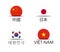 China, Japan, South Korea and Vietnam. Set of four Chinese, Japanese, Korean and Vietnamese stickers