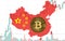 China map silhouette made of binary code with a golden bitcoin coin, against the background of the digital exchange rate of China