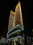 China modern unusual architecture wedge shaped sharp POI Ted building, night illuminated