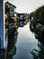 China, outskirts of Shanghai. Ancient water village of Zhujiajiao. Typical riverfront homes