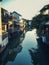 China, outskirts of Shanghai. Ancient water village of Zhujiajiao. Typical riverfront homes