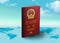 China Passport on world map with clouds in background
