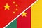 China or PRC vs Cameroon national flag from textile. Relationship between Asian and African countries