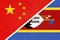 China or PRC vs Eswatini national flag from textile. Relationship between Asian and African countries