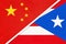 China or PRC vs Puerto Rico national flag from textile. Relationship between asian and american countries