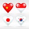 China, Singapore, Japan, and South Korea heart flag set of Asian states