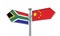 China and South Africa flag sign moving in different direction. 3D Rendering