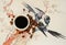 China specialty coffee concept. Black coffee in white cup. On chinese pattern background. Top view