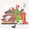 China travel illustration with chinese girl. Chinese set with architecture, food, costumes, traditional symbols. Chinese tex