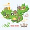 China travel illustration with chinese green map. Chinese set with architecture, food, costumes, traditional symbols. Chinese tex