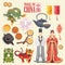 China travel illustration with chinese icons. Chinese set with architecture, food, costumes. Chinese tex