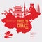 China travel illustration with chinese red map. Chinese set with architecture, food, costumes, traditional symbols. Chinese tex