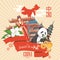 China travel illustration with panda and chinese girl. Chinese set with architecture, food, costumes. Chinese tex