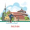 China travel vector illustration with bicycle. Chinese set with architecture, food, costumes, traditional symbols. Chinese tex