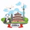 China travel vector illustration. Chinese set with architecture, food, costumes, traditional symbols. Chinese tex